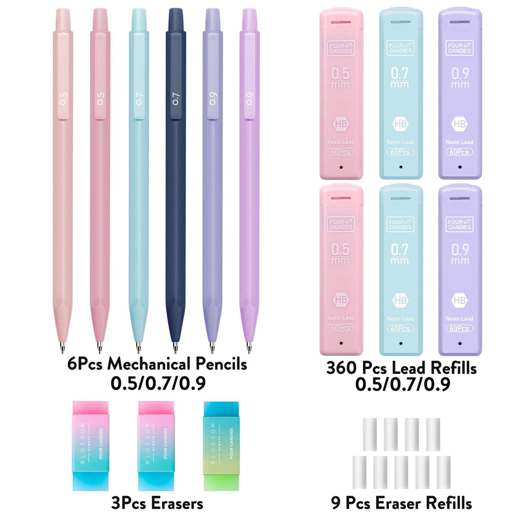 Four Candies Cute Mechanical Pencil Set, 6PCS Pastel Mechanical Pencils 0.5 & 0.7mm with 360PCS HB Leads, 3PCS Erasers and 9PCS Eraser Refills, Aesthetic School Supplies for Girls Writing