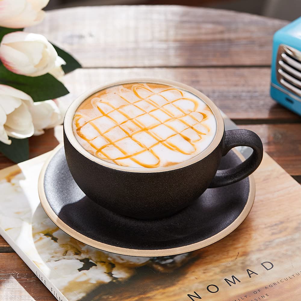Coffeezone Vintage Design 12 oz Ceramic Latte Art Cappuccino Barista Cup with Saucer (Beige)