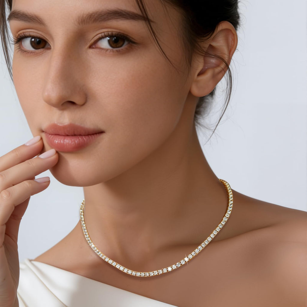 Gemsme 18K White/Yellow Gold Plated 3.0mm Round Cubic Zirconia Classic Tennis Necklace For Women 16-24 Inches