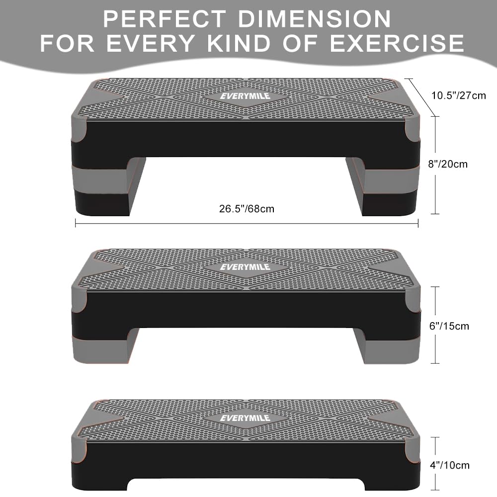 Aerobic Exercise Step, Adjustable Aerobic Stepper for Exercise, Workout Step Platform, Step Up Box, 26.5" Step Deck with 4” 6” 8” Adjustable Height Risers, Women Home Gym Fitness