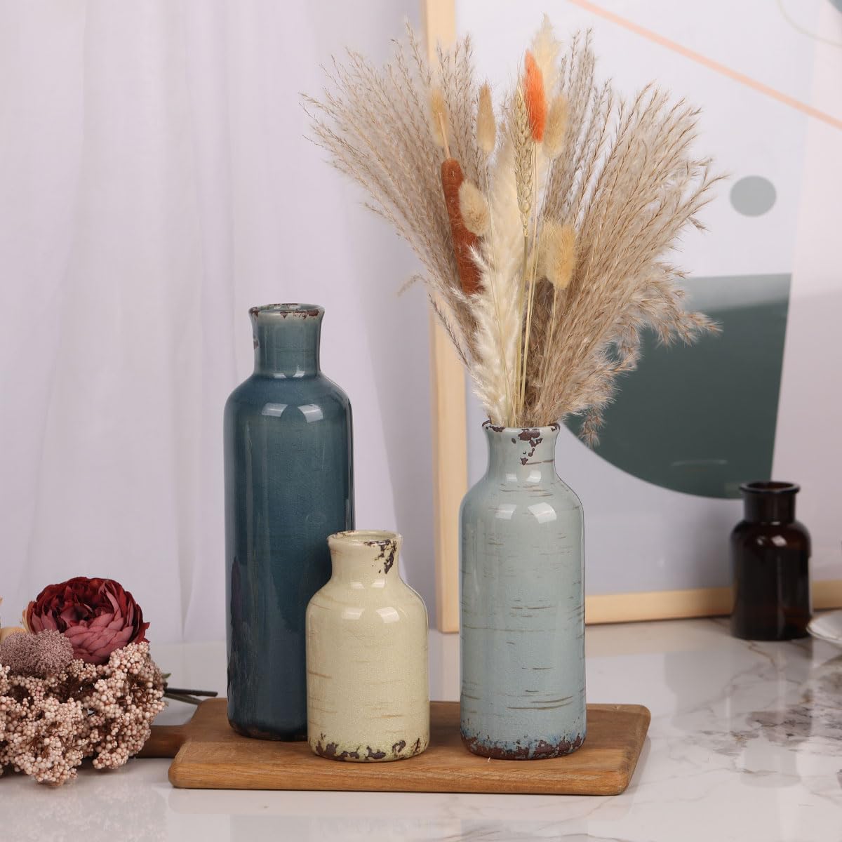 Ceramic Vase Set - 3 Ceramic Small Vases, Farmhouse Country Flower Vase Home Decor, Living Room Decoration, Table Decoration, Fireplace Decor, and Entrance Decorations Centerpieces