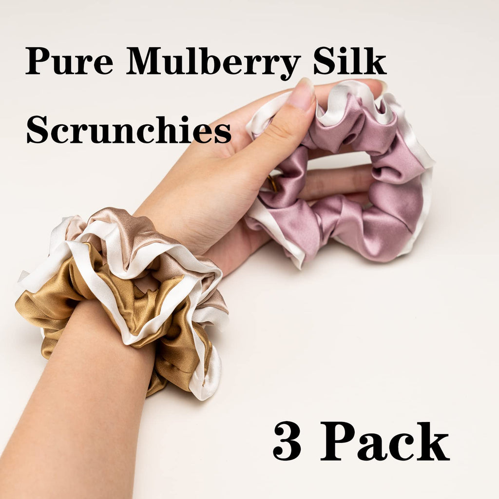 Silk Scrunchies for Hair 100% Mulberry Silk Hair Ties（Silver gray, Dark gray, Pink）