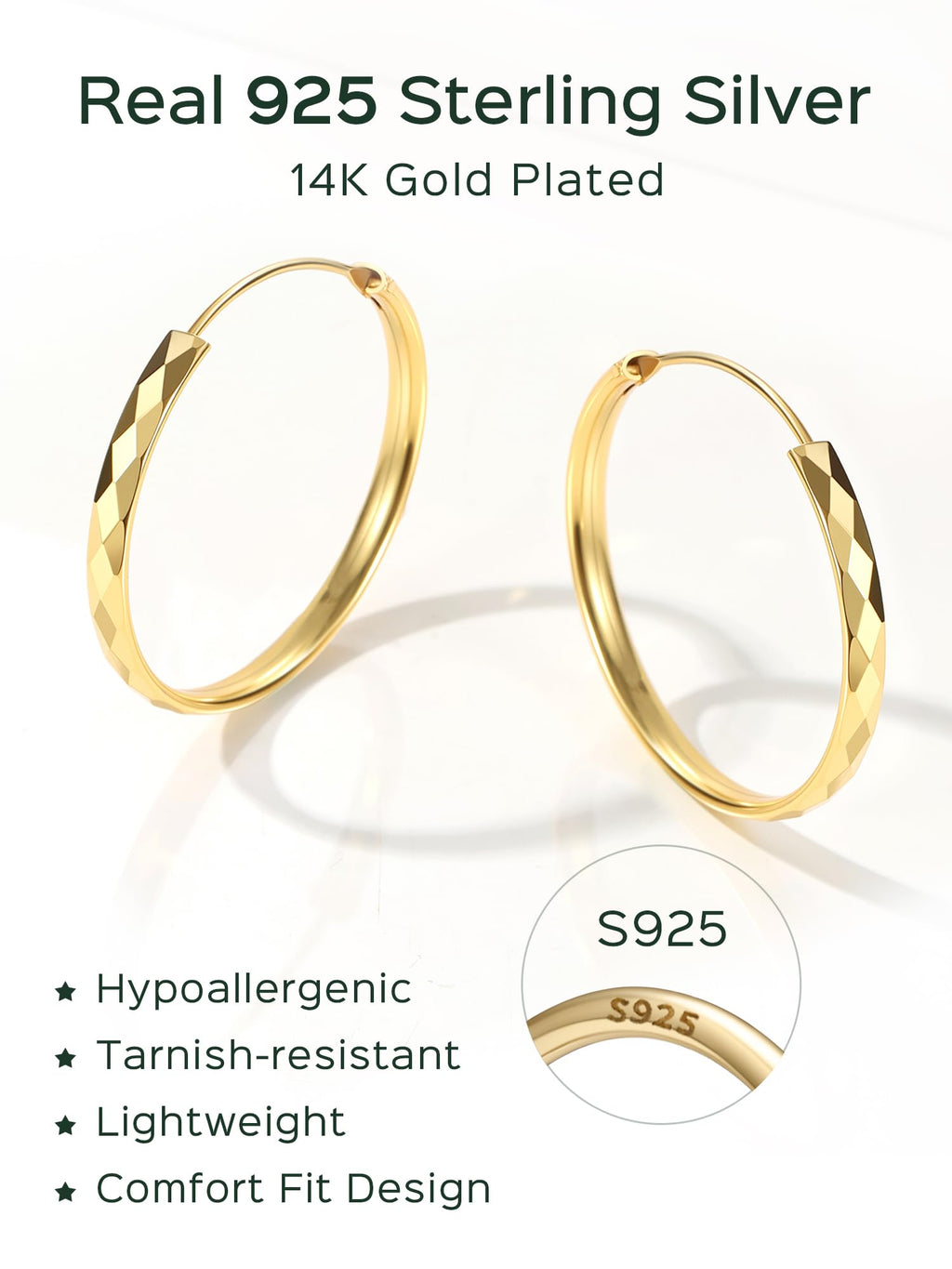 ChicSilver 925 Sterling Silver Hoop Earrings for Women Hypoallergenic, Lightweight Large Gold Plated Silver Hoop Earrings, Endless Hoops Earring 20/30/40/50/60/70MM