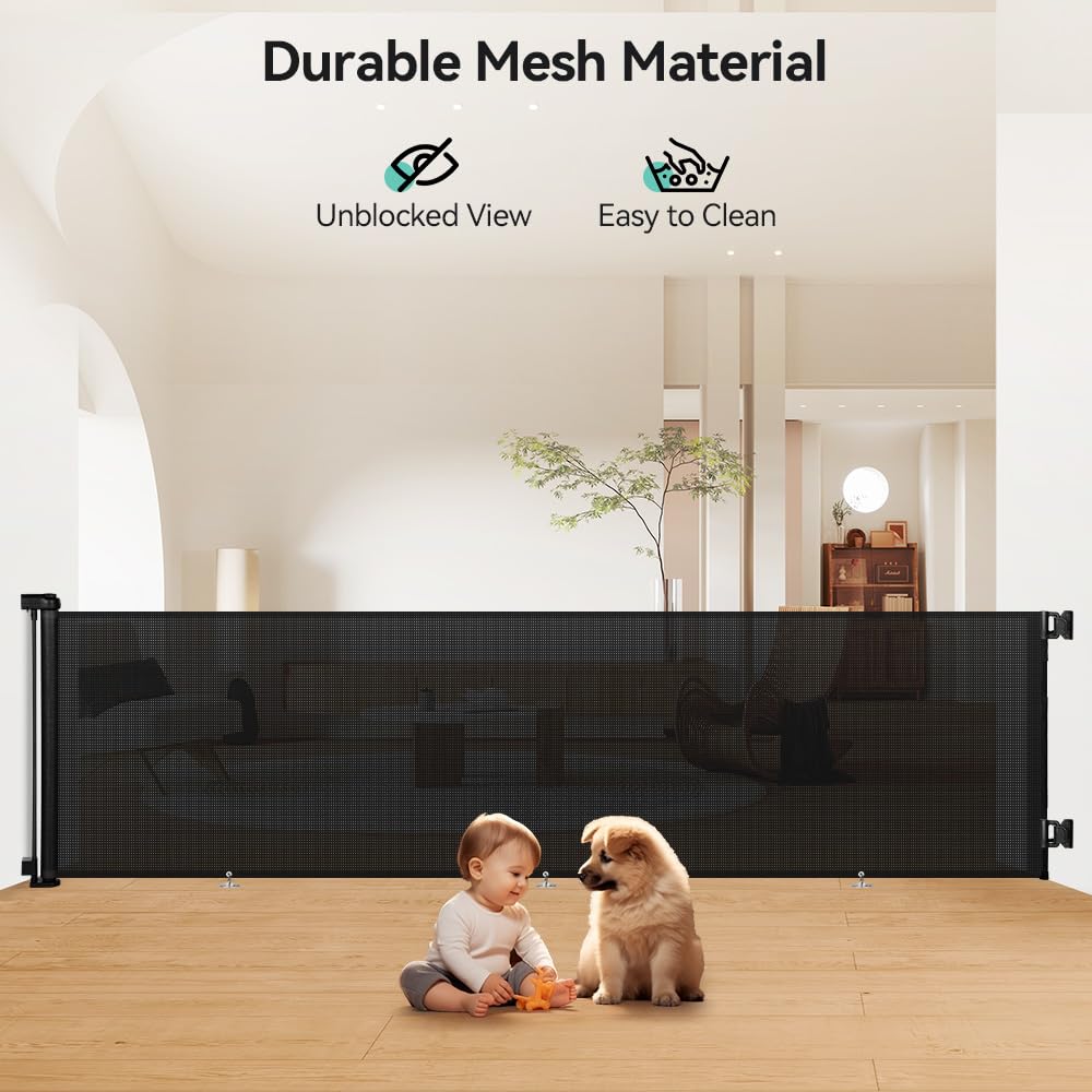 COMOMY Retractable Baby Gate for Stairs, 0-55" Mesh Dog Gate for House Doorways Hallways, 33" Tall Extra Wide Child Safety Gate for Kids Pets, Indoor and Outdoor (Black)