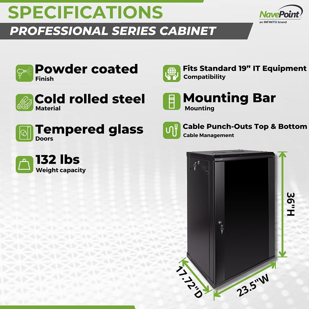 NavePoint 12U Server Rack Enclosure - 23.6” Deep, Wall Mount Network Cabinet with Locking Glass Door for 19” IT Equipment, Network Rack with 2 Fans, Removable Side Panels, Black
