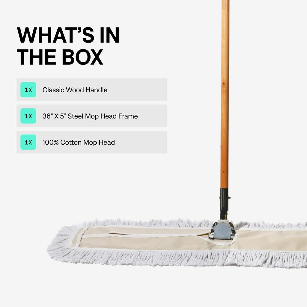 Commercial Dust Mop & Floor Sweeper, 24 in. Dust Mop for Hardwood Floors, Cotton Mop Head, Wooden Broom Handle, Industrial Dry Mop for Floor Cleaning & Janitorial Supplies