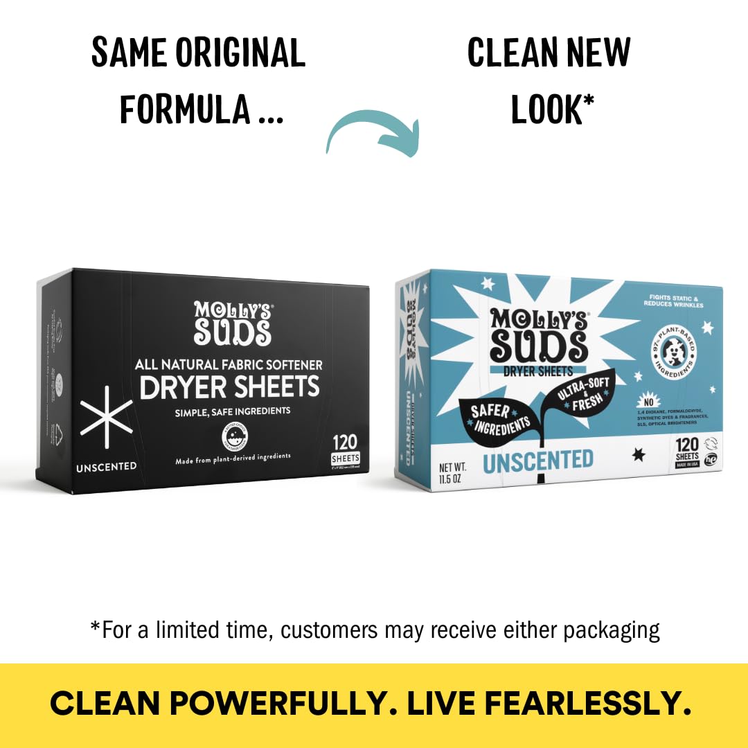 Molly's Suds Fabric Softener Dryer Sheets for Sensitive Skin | Plant-Based Static Reducer, Plastic-Free Packaging | Lavender (120 Sheets)