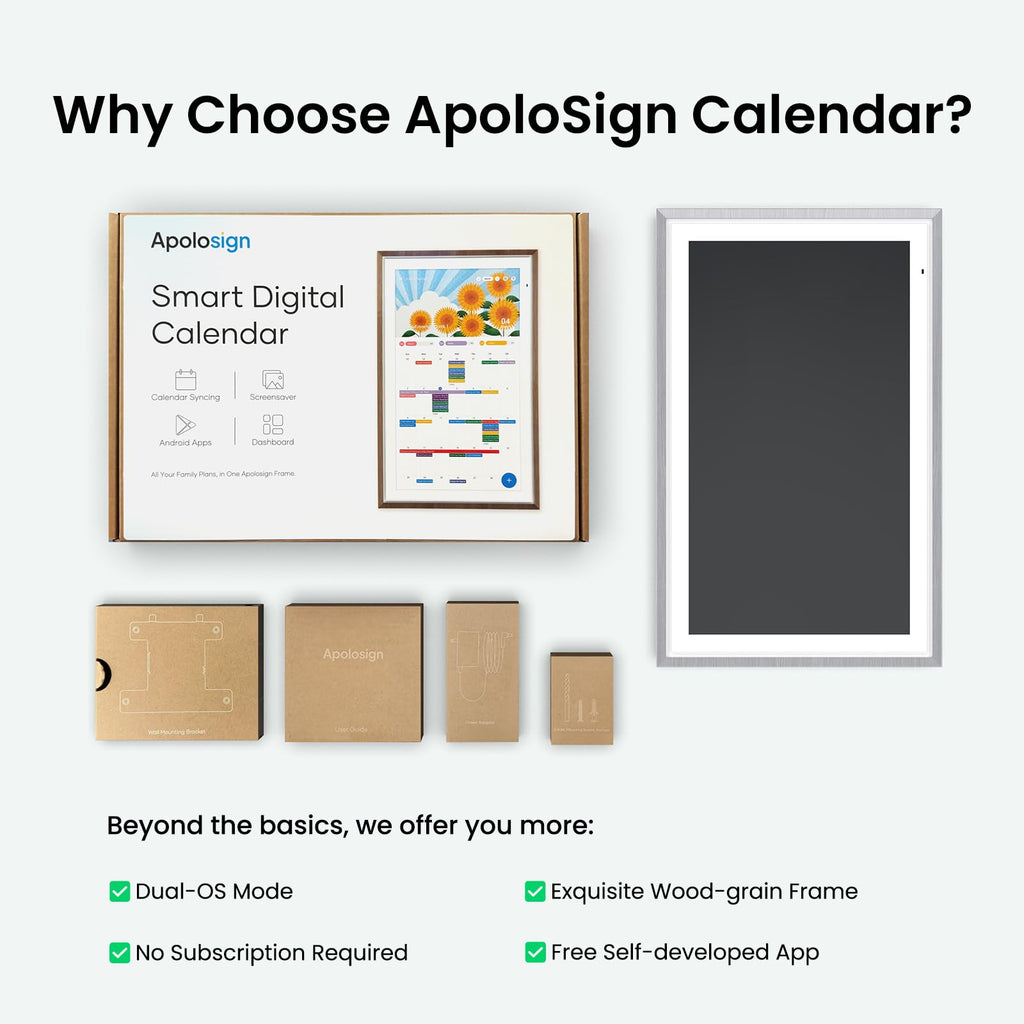 Apolosign 27-inch Digital Calendar & Smart Family Wall Planner, No Subscription, Calendar & Dashboard Dual-Mode System, Shared Touchscreen Display with Calendar Sync, Chore Charts & Family Scheduling Hub, Wall Mount Included (Black)
