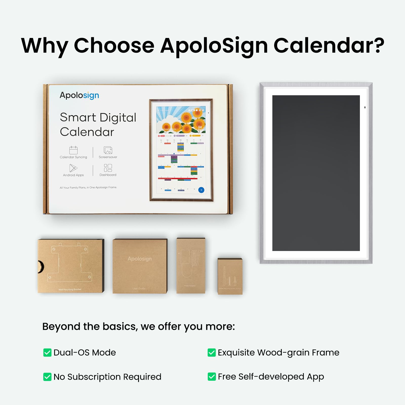 Apolosign 27-inch Digital Calendar & Smart Family Wall Planner, No Subscription, Calendar & Dashboard Dual-Mode System, Shared Touchscreen Display with Calendar Sync, Chore Charts & Family Scheduling Hub, Wall Mount Included (Black)