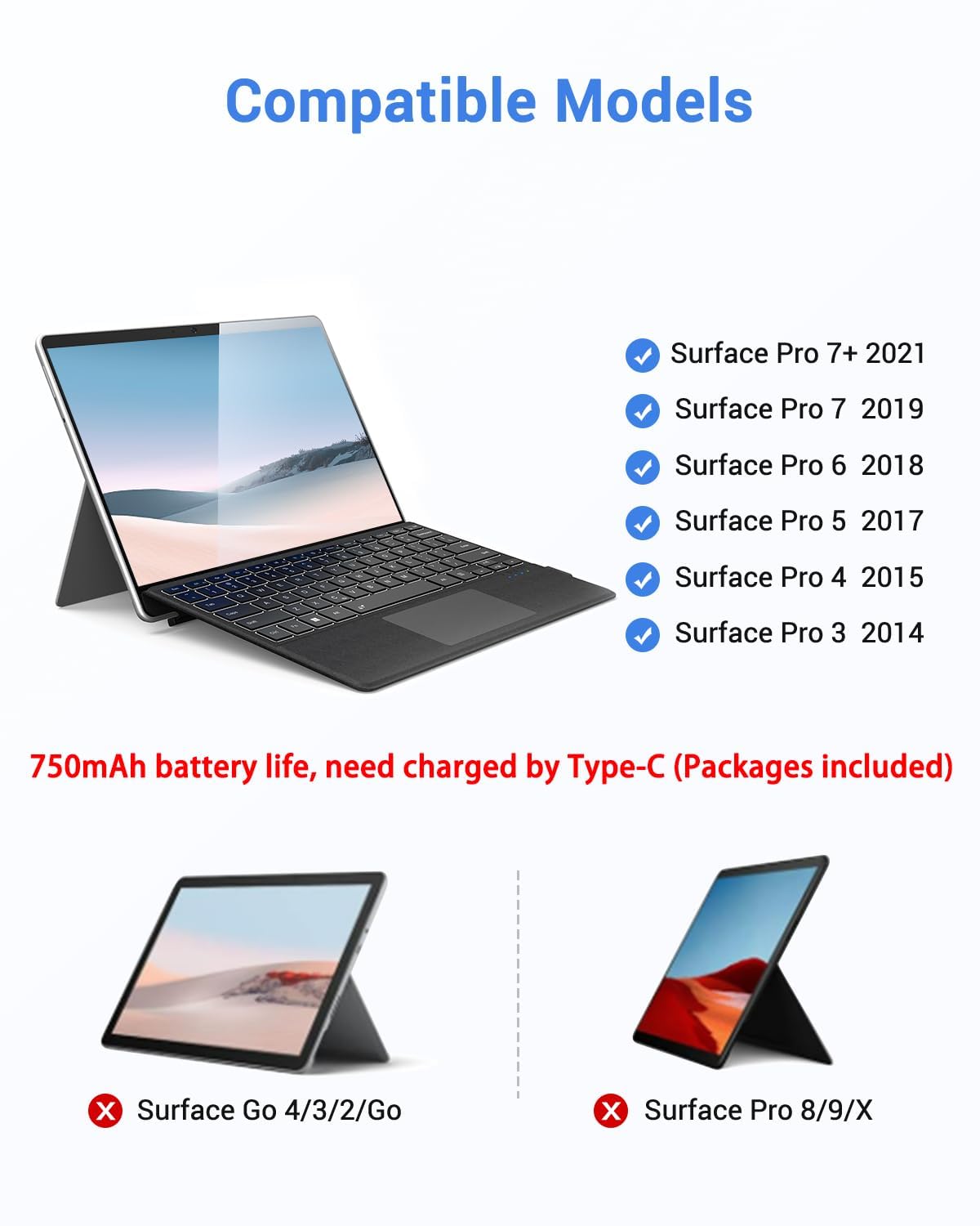Surface Pro 12" Device Keyboard, 7 Color Backlits Bluetooth Wireless Magnetic Type-Cover for Microsoft Surface Pro 12 inch 2025, Smart Sleep/Wake Multi-Touch Trackpad, Ultra-Slim Type-C Rechargeable