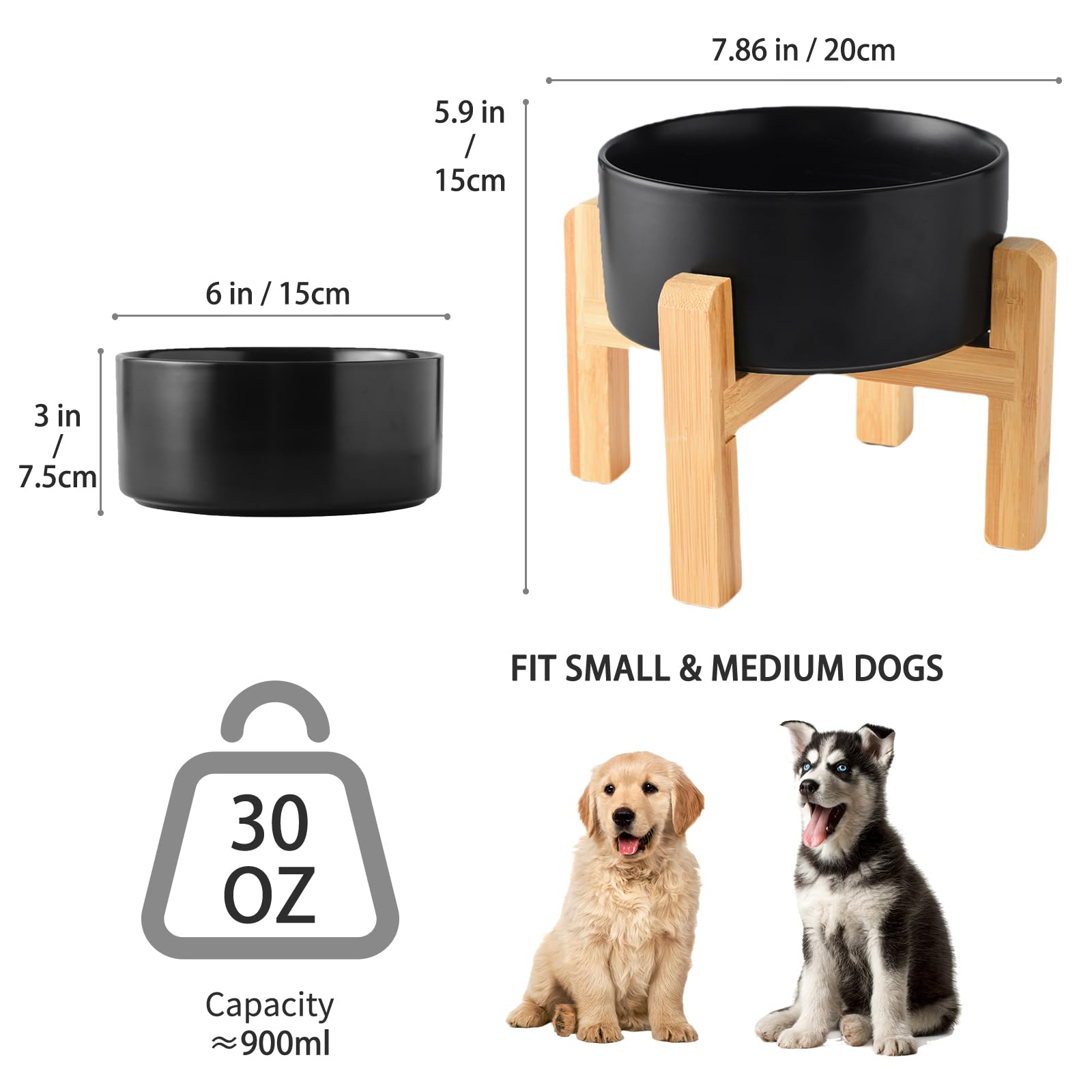 6'' Ceramic Raised Dog Bowl - 30Oz Dog Food & Water Bowl with Elevated Non-Slip Bamboo Stand, Dishwasher & Microwave Safe, Anti Vomiting Heavy Duty Pet Bowl for Small and Medium Dogs, Black