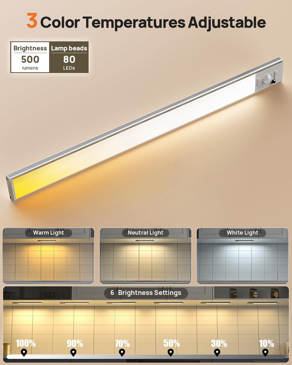 9" Under Cabinet Lights Wireless, Motion Sensor Light Indoor with Remote, LED Rechargeable Closet Light, 3 Color Temps, Dimmable, Magnetic, Under Counter Lights for Kitchen, Stairs, Pantry, Hallway