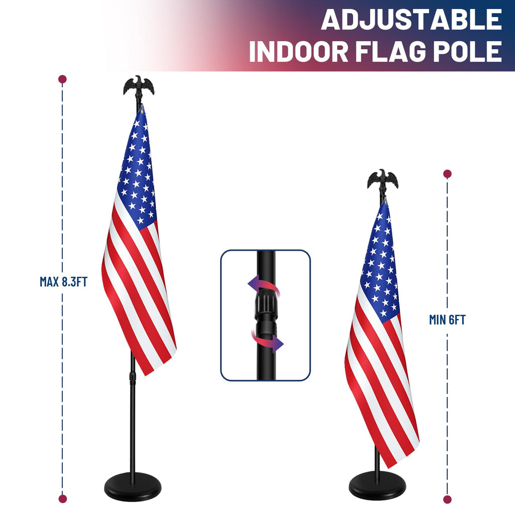 Indoor Flagpole with Base,Telescoping Flag Pole 6FT-8FT, Flagpoles Rotate 360 Degrees, 3X5 USA Flag-Heavy Duty Water Resistant Polyester Canvas Embroidered Stars. Suitable for Office, Auditorium, School, Use (1-pack)