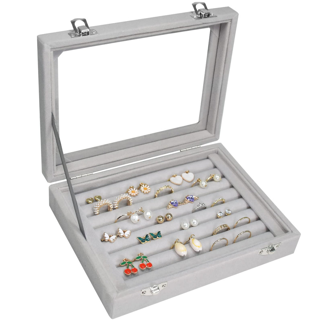 Vicoter Rings Organizer Tray 7 Slots Velvet Jewelry Earring Storage Box with Transparent lid Jewelry Display Case for Girls Wife Mom Women (Beige)