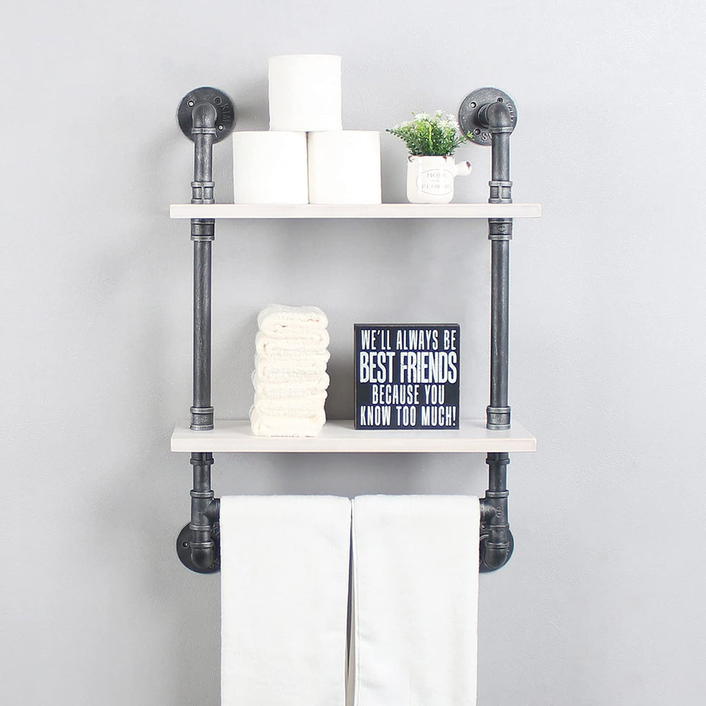 MBQQ Industrial Pipe Shelf Bathroom Shelves Wall Mounted,19.6in Rustic Wood Shelf with Towel Bar,1 Tier Farmhouse Towel Rack,Pipe Shelving Floating Shelves Towel Holder,Black & White