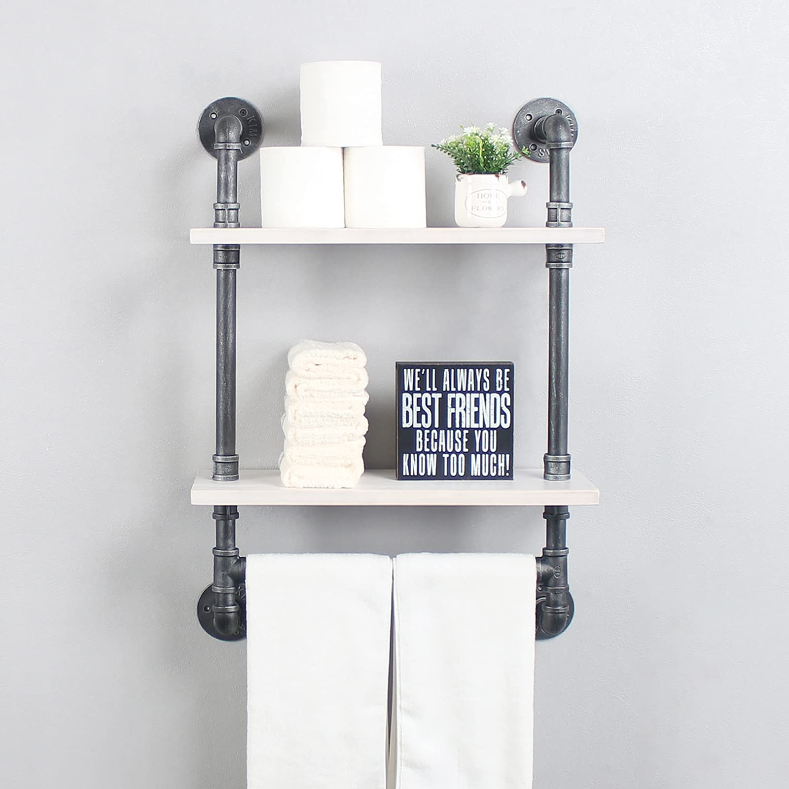 MBQQ Industrial Pipe Shelf Bathroom Shelves Wall Mounted,19.6in Rustic Wood Shelf with Towel Bar,1 Tier Farmhouse Towel Rack,Pipe Shelving Floating Shelves Towel Holder,Black & White