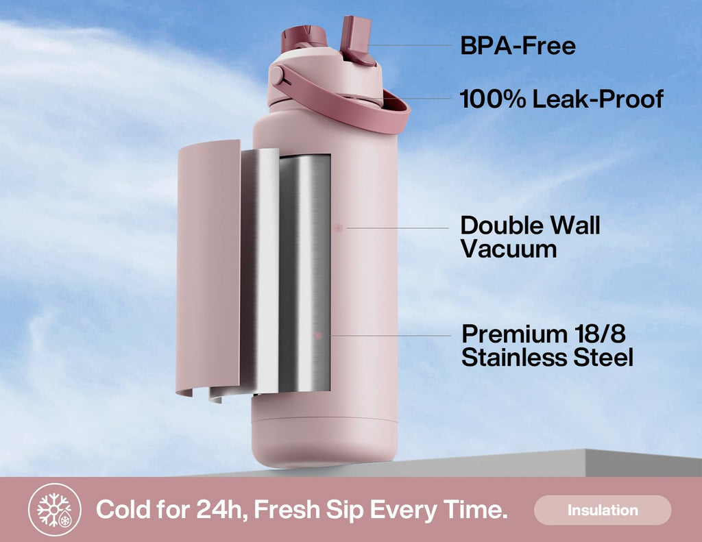 POWCAN 26 oz Insulated Water Bottle with 2-in-1 Straw and Spout Lid, Keep Cold 24H, Leak-Proof, Fits in Car Cup Holder, Stainless Steel Water Bottle for Sports, Travel, Gym, Gift, and School (Ace)