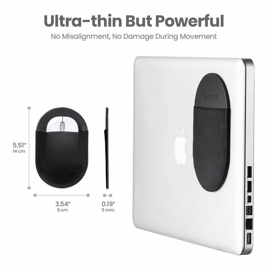 Epessa Universal Stick-On Mouse Pouch, Holder for Wireless Mouse, Sleeve for Laptop, Reusable Adhesive, No Glue Residue, Compatible with iPad or MacBook (Black)