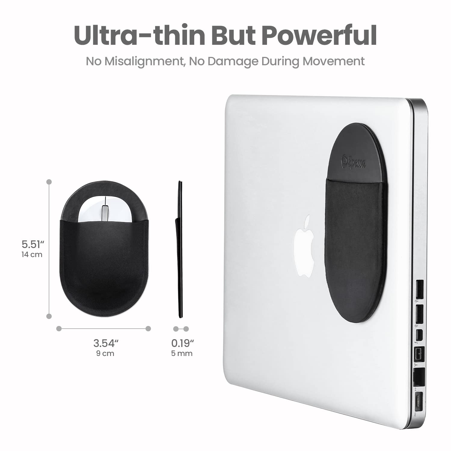 Epessa Universal Stick-On Mouse Pouch, Holder for Wireless Mouse, Sleeve for Laptop, Reusable Adhesive, No Glue Residue, Compatible with iPad or MacBook (Black)
