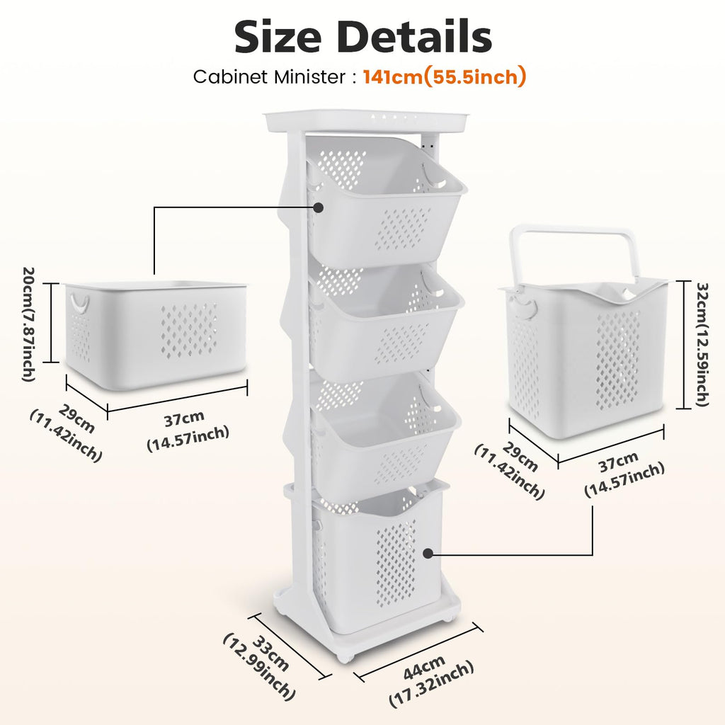 BAOKALER Rolling Laundry Hamper Cart with Wheels, 3 Tier White Laundry Baskets, Clothes Hamper with Portable Storage Baskets for Kitchens, Bathrooms, Bedrooms, Classrooms, Laundry Rooms(75L)