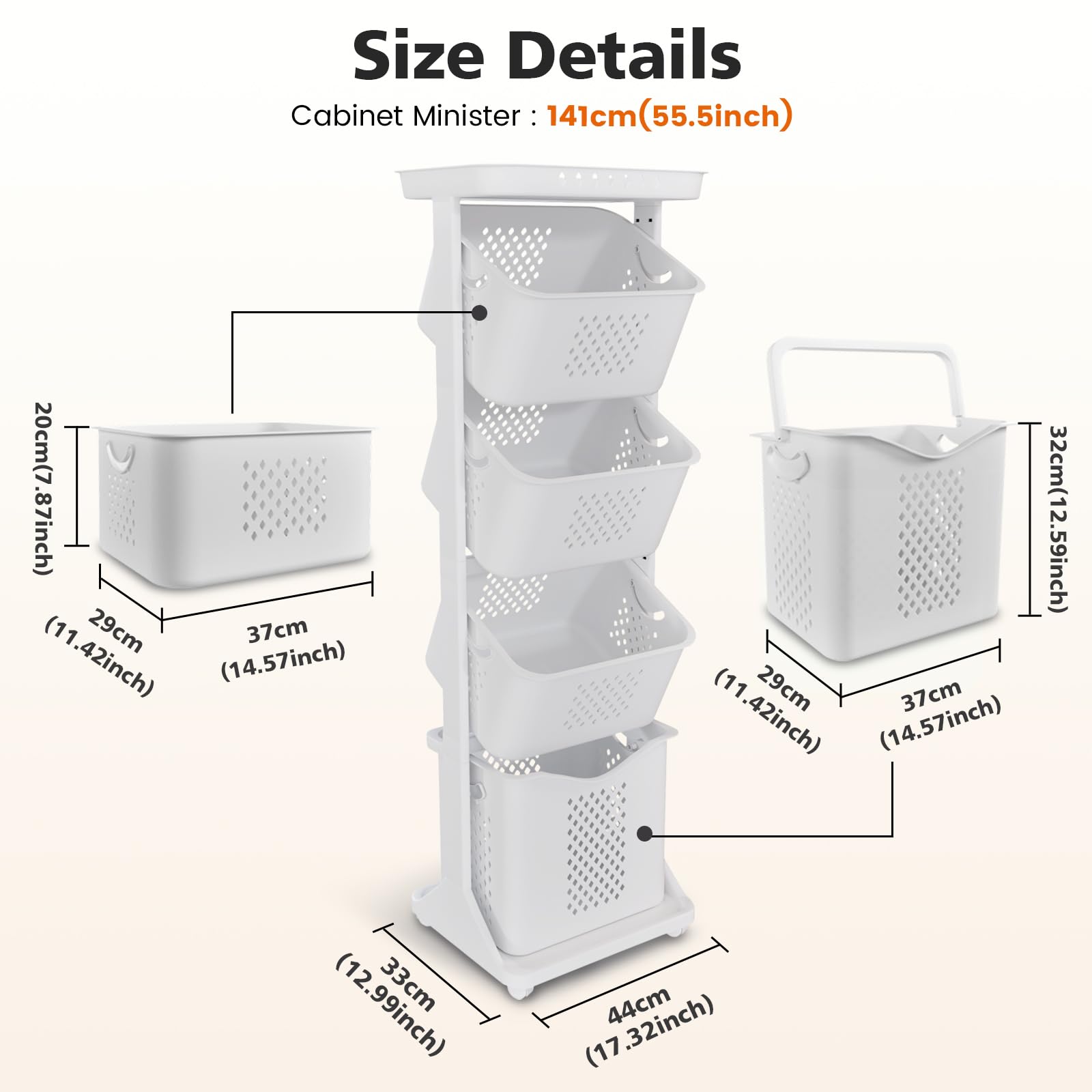 BAOKALER Rolling Laundry Hamper Cart with Wheels, 3 Tier White Laundry Baskets, Clothes Hamper with Portable Storage Baskets for Kitchens, Bathrooms, Bedrooms, Classrooms, Laundry Rooms(75L)