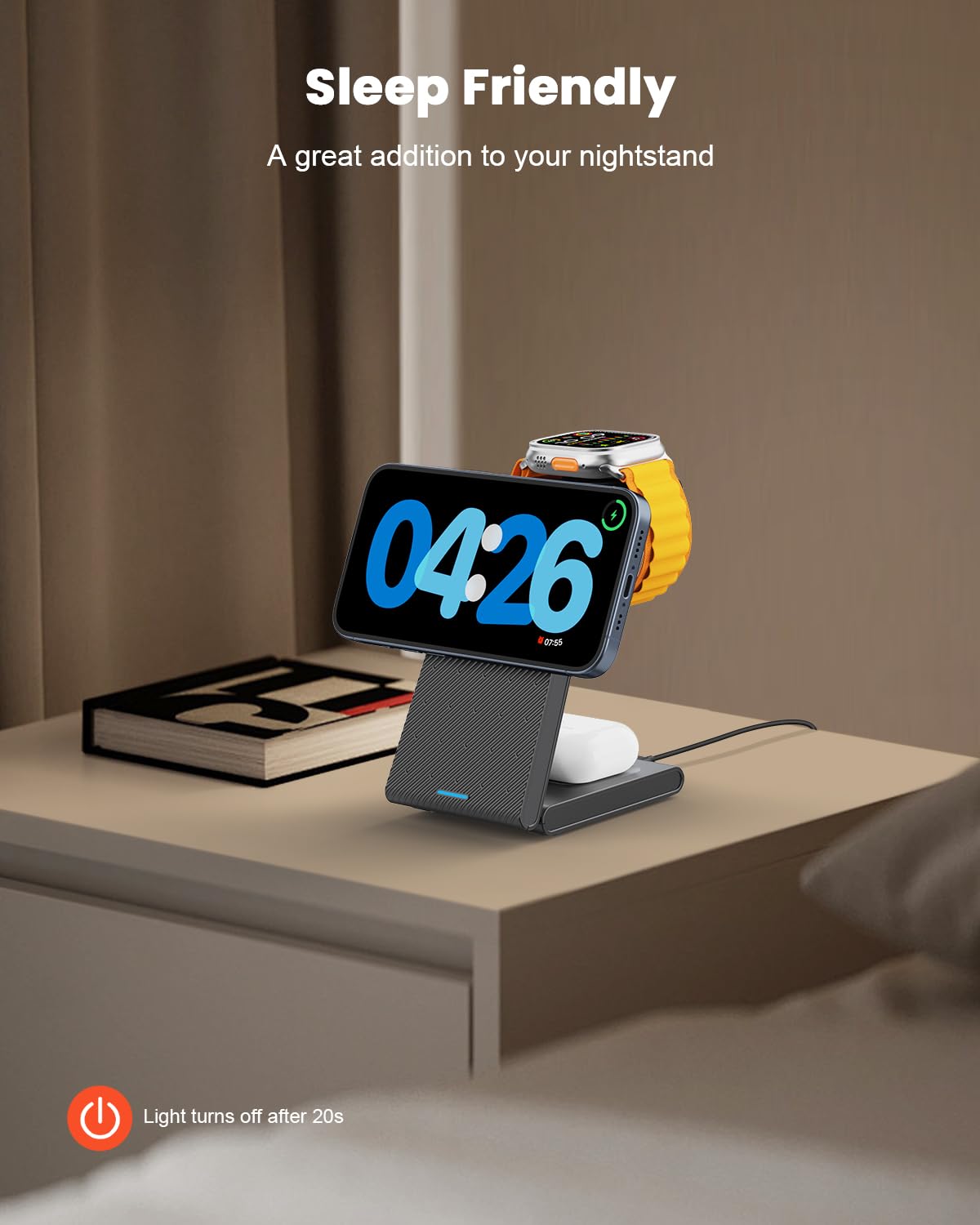 GEEKERA 3 in 1 Wireless Charging Station, Foldable Wireless Charger Stand for Multiple Apple Devices for iPhone 17 16-8, Apple Watch Ultra//11/10/9/SE/8/7/6/5, AirPods Pro/4/3/2