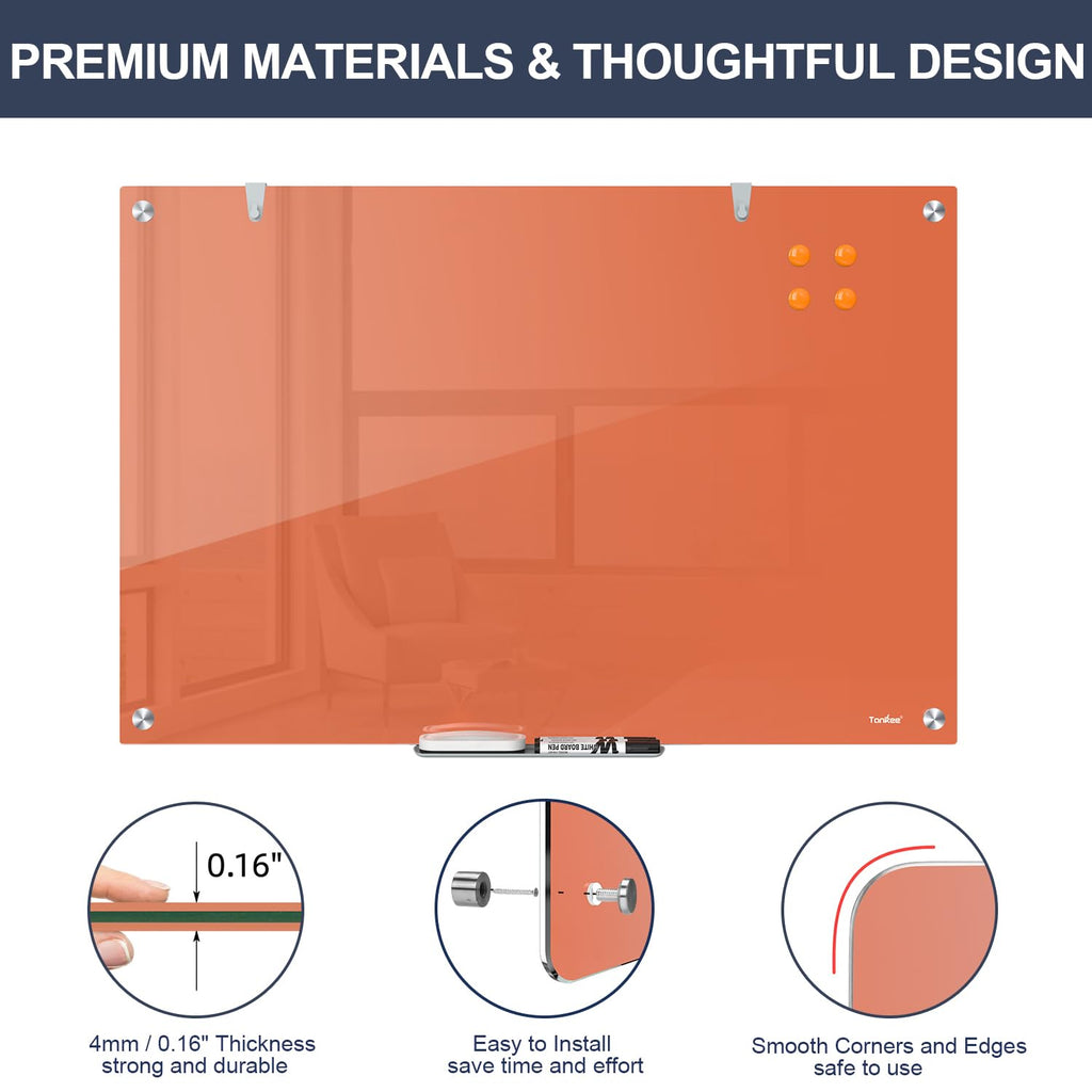 Dry Erase Board Black Magnetic Glass Whiteboard, TANKEE Modern Large Frameless Tempered Glass White Board for Wall, Office, School, Home, 36” x 24”, 3' x 2' White Board