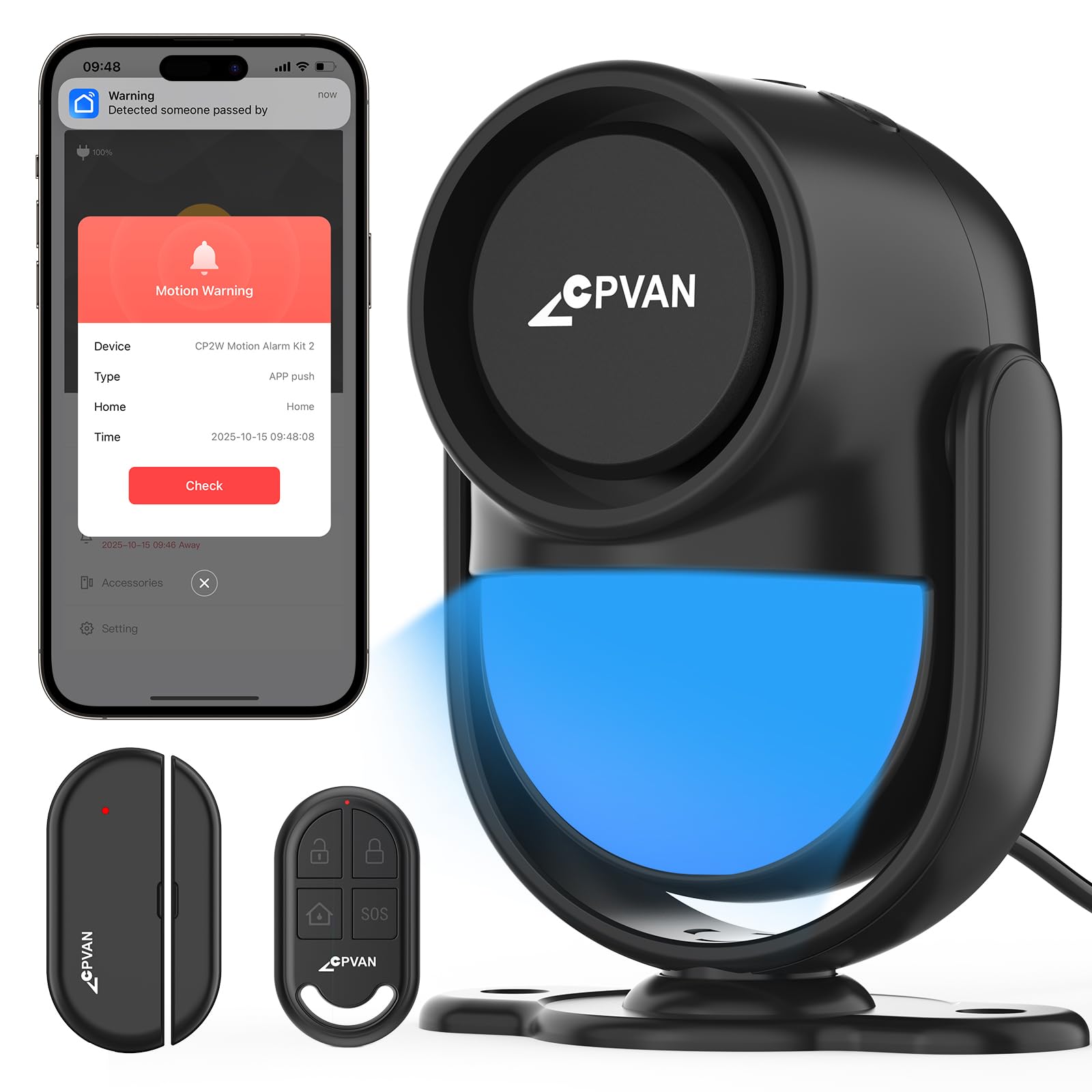 CPVAN WiFi Motion Sensor Alarm, 125dB Smart PIR Motion Detector with Phone App Alerts, Wireless Indoor Home Security Alarm System with Remote, 2.4GHz WiFi, Black