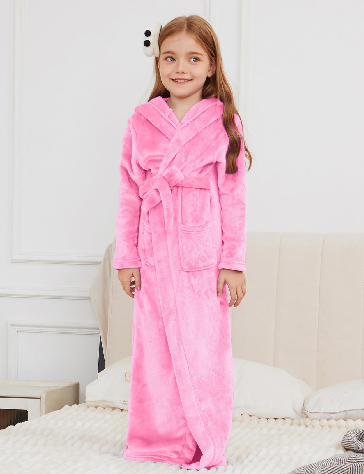 Jxstar Girls Bathrobes Kids Long Hooded Robes Plush Full Length Coral Fleece Pajamas Sleepwear