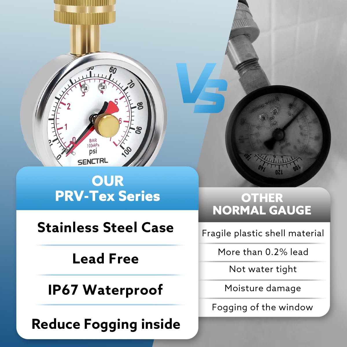 SENCTRL 0-100 psi Water Pressure Gauge Test with Lazy Hand, Lead-Free, 2-1/2" Dial Size, 3/4" Female Garden Hose Thread, IP67 Waterproof, Stainless Steel Case, for Home Potable Water, House Tube