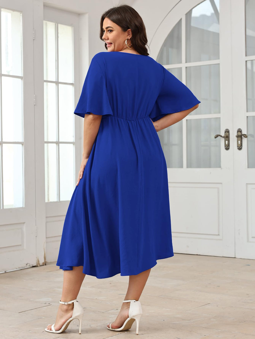 SCOMCHIC Women Plus Size Midi Dresses Wedding Guest Short Sleeve V Neck Tie Waist Casual Summer Flowy A Line Dress