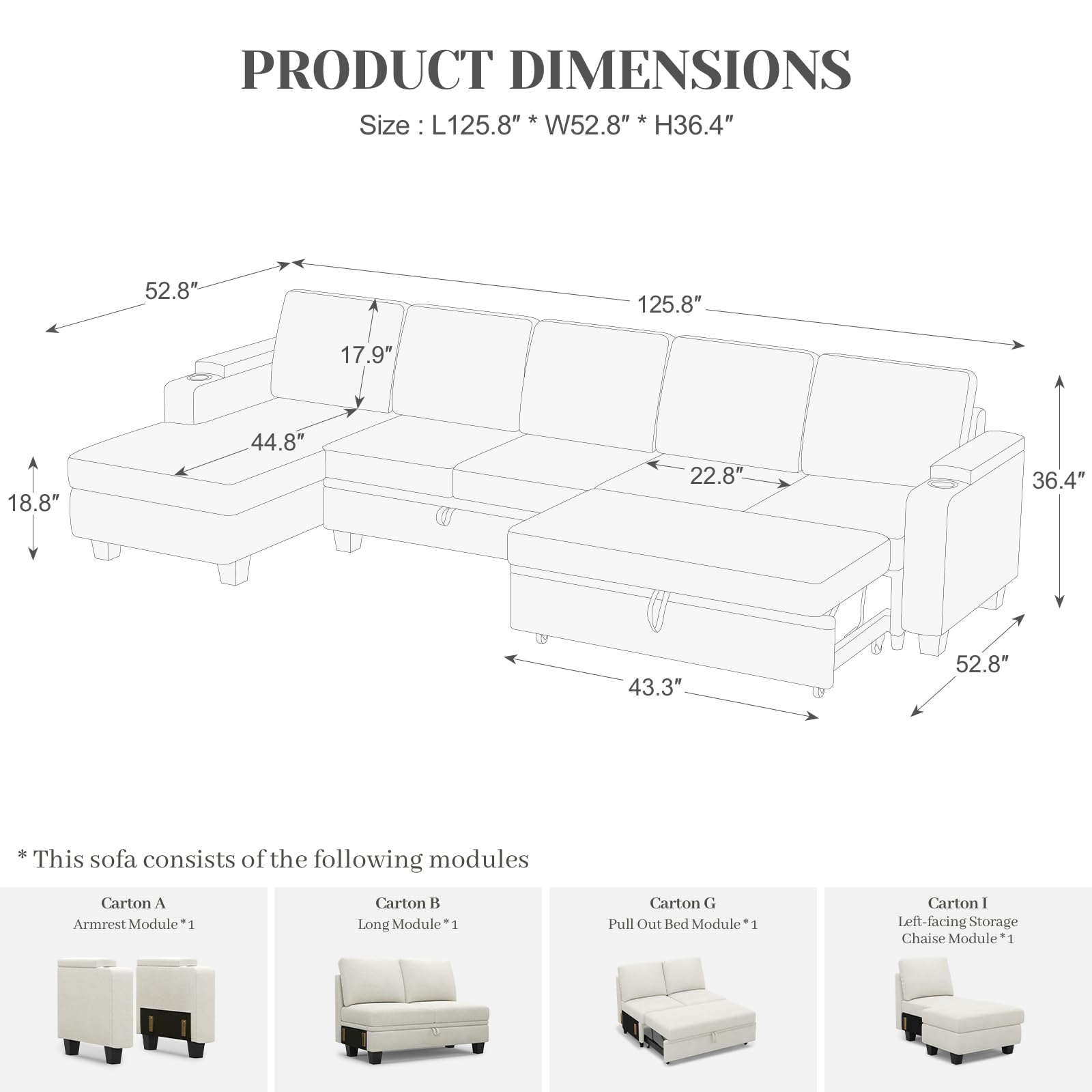 Belffin Modular Sectional Sleeper Sofa Bed with Storage Chaise L Shaped Sectional Couches for Living Room Armrest with Cup Holder. White Couch