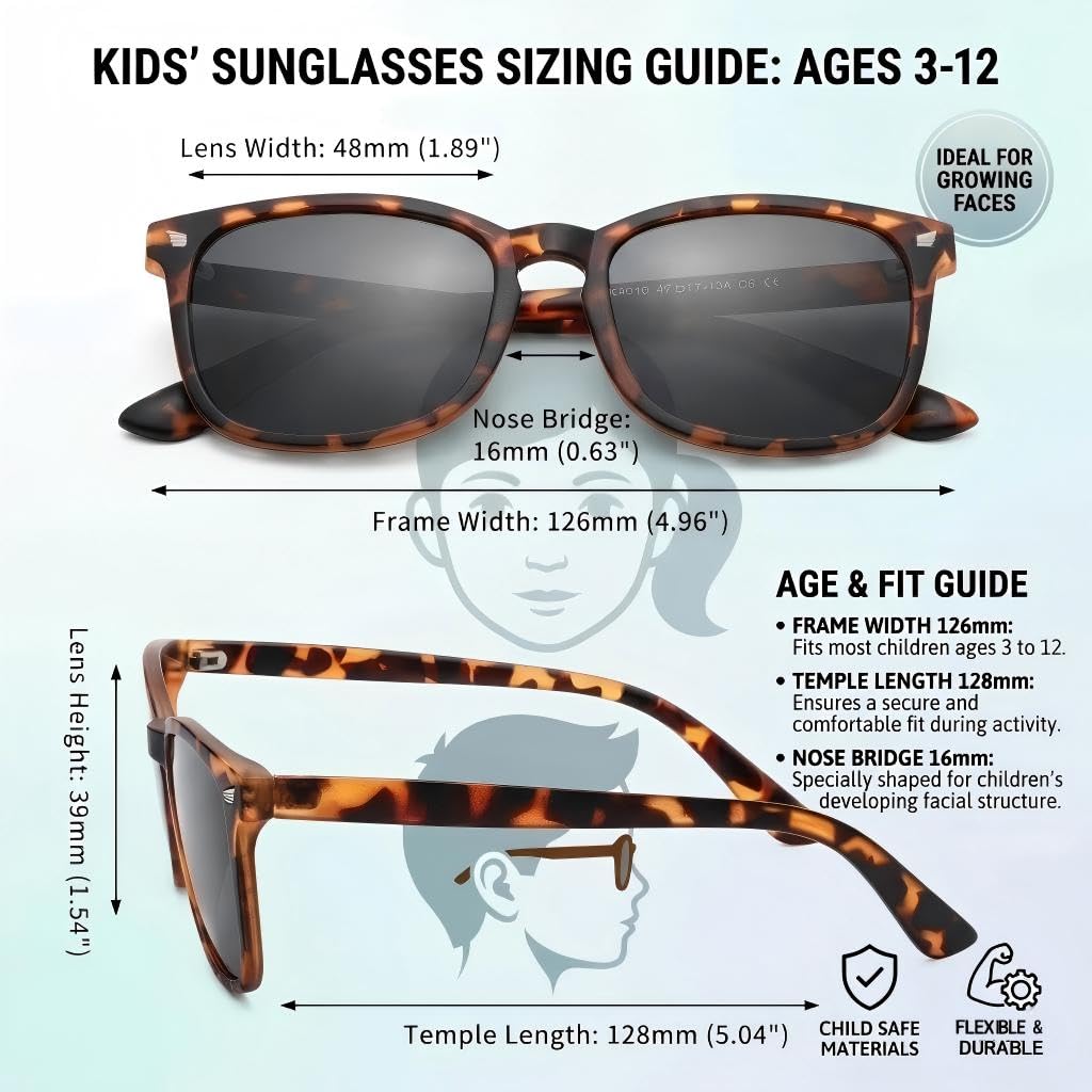 COASION Polarized Kids Sunglasses UV 400 Protection for Girls Boys Classic Retro Style Toddler Shades Age 3-12