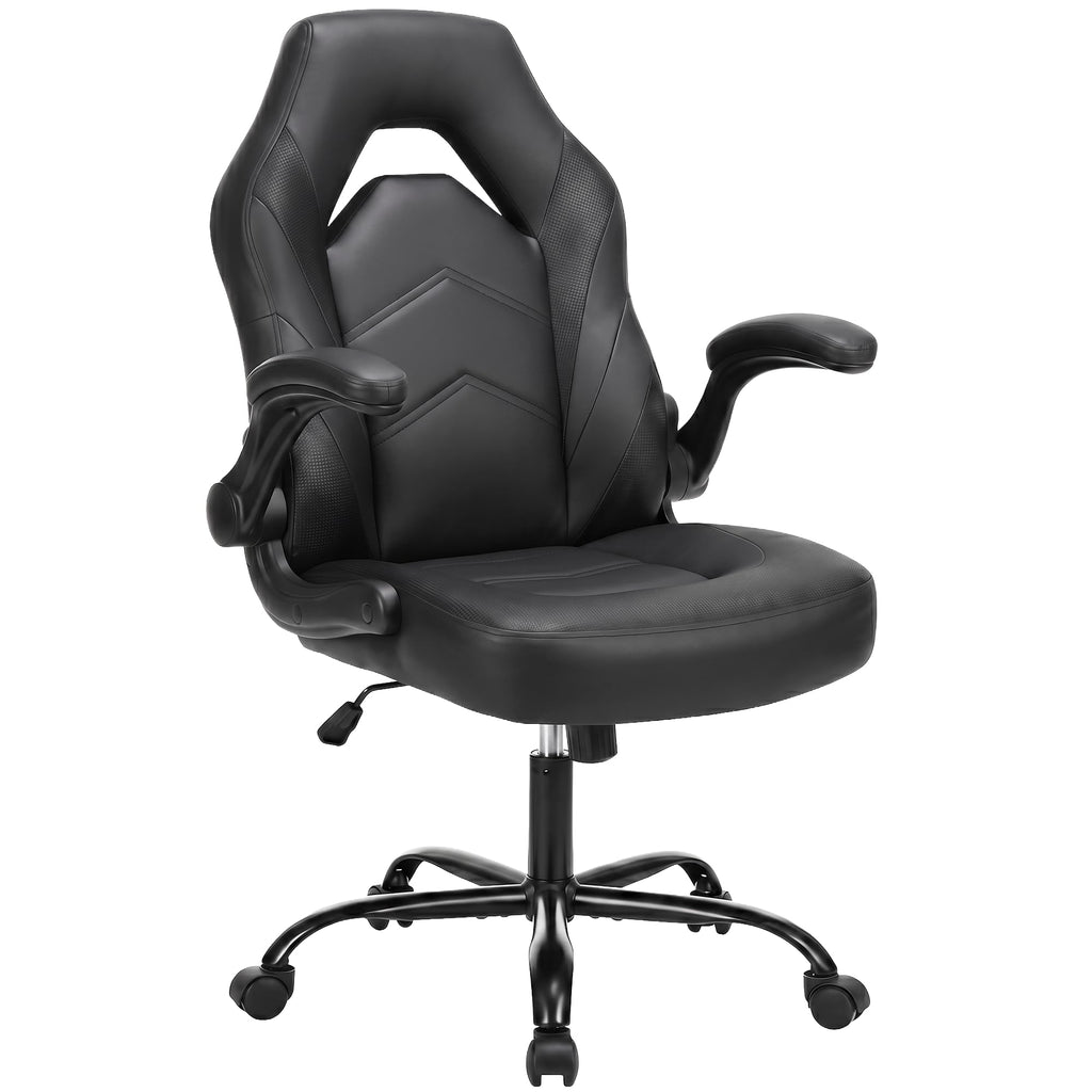 OLIXIS Computer Gaming Desk Chair - Ergonomic Video Game with Comfy Lumbar Support and headrest, PU Leather with Flip-up Arms, Adjustable Height and Swivel Wheels, for Adults, Black