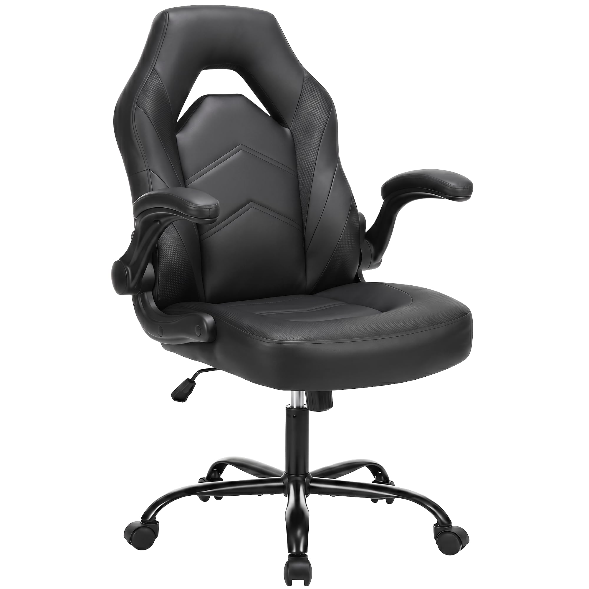 OLIXIS Computer Gaming Desk Chair - Ergonomic Video Game with Comfy Lumbar Support and headrest, PU Leather with Flip-up Arms, Adjustable Height and Swivel Wheels, for Adults, Black