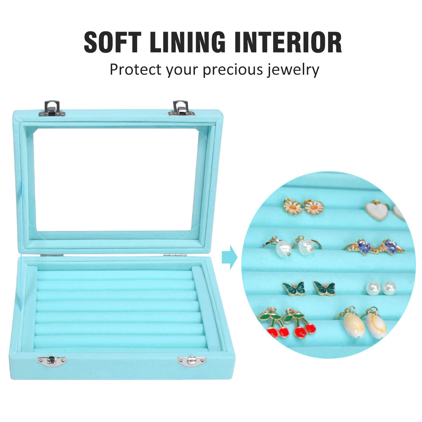 Vicoter Rings Organizer Tray 7 Slots Velvet Jewelry Earring Storage Box with Transparent lid Jewelry Display Case for Girls Wife Mom Women (Beige)