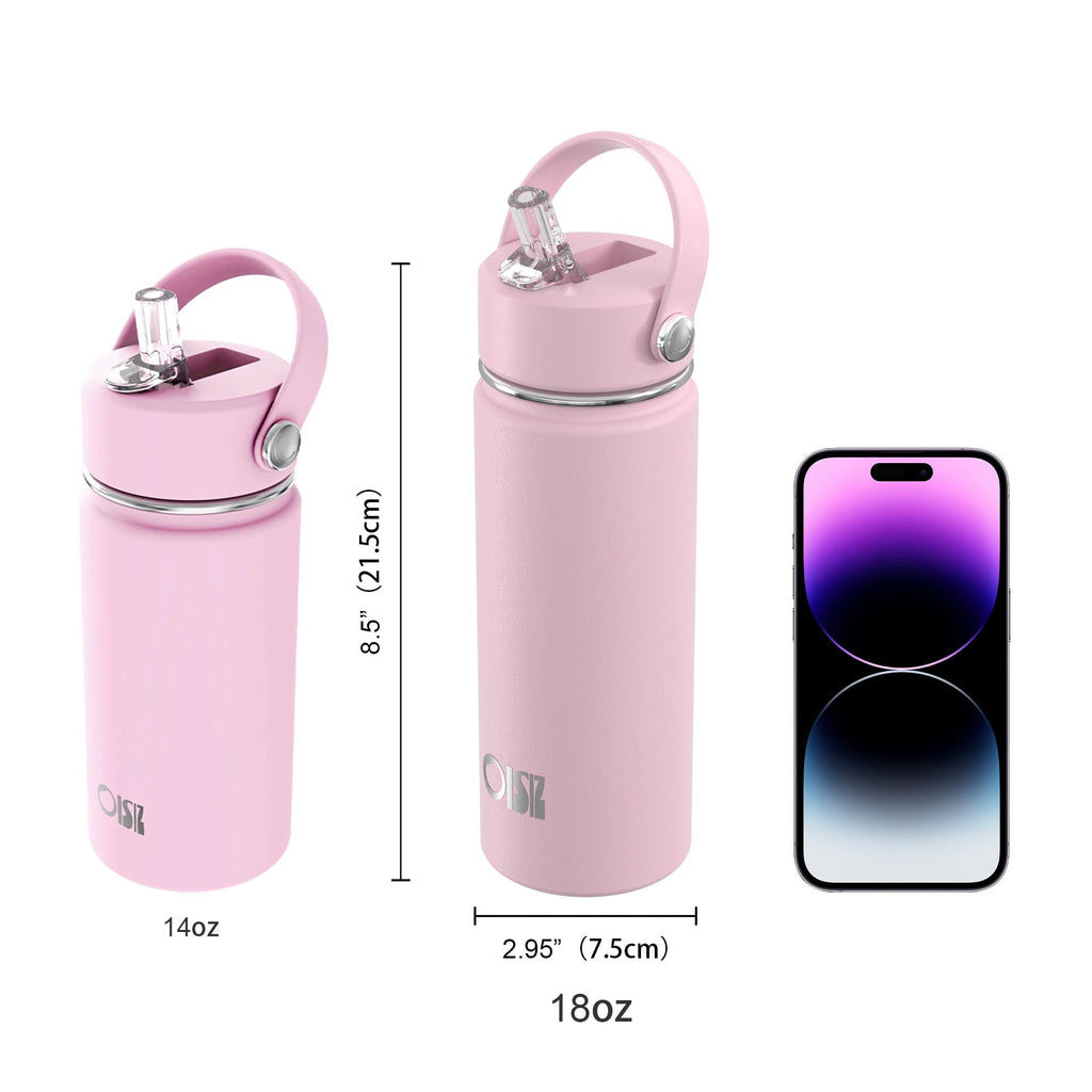 OISIZ Kids Water Bottle with Straw Lid 14oz, Vacuum Insulated 316 Stainless Steel Water Bottles for Kids for School, Leakproof Water Bottle, BPA Free and Keep Cold for 24 Hours