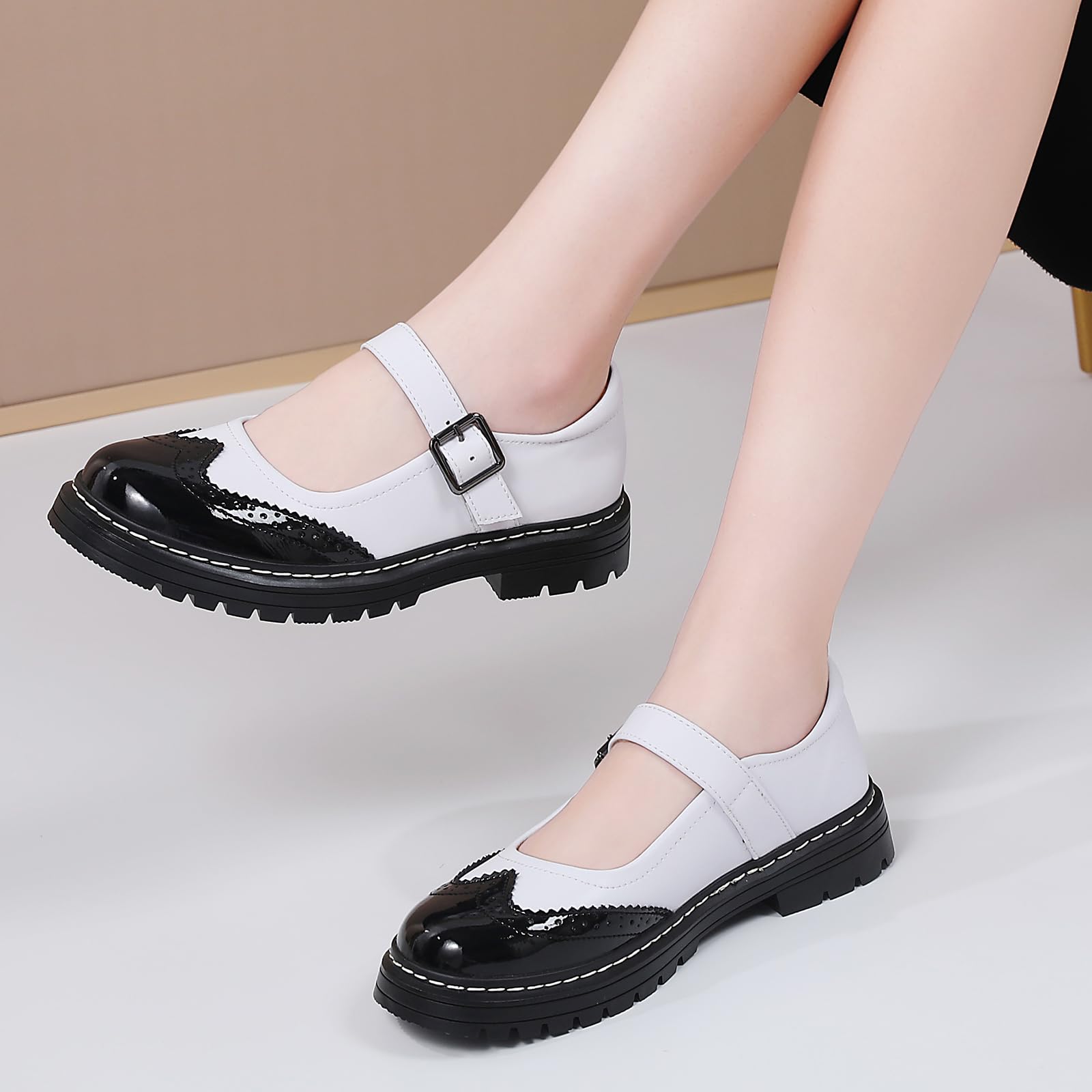 Mary Jane Shoes Women Platform Non-Slip Classics Round Toe Ankle Strap Comfort Casual Oxford Dress Work Mary Jane Flat Shoes