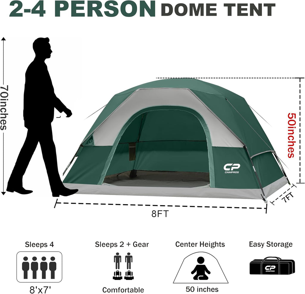 CAMPROS CP Camping Tent 2/4/6 Person, Waterproof Windproof Double Layer Dome Tent, Easy Setup with Large Mesh Windows & Wide Door for Outdoor Camping Backyard