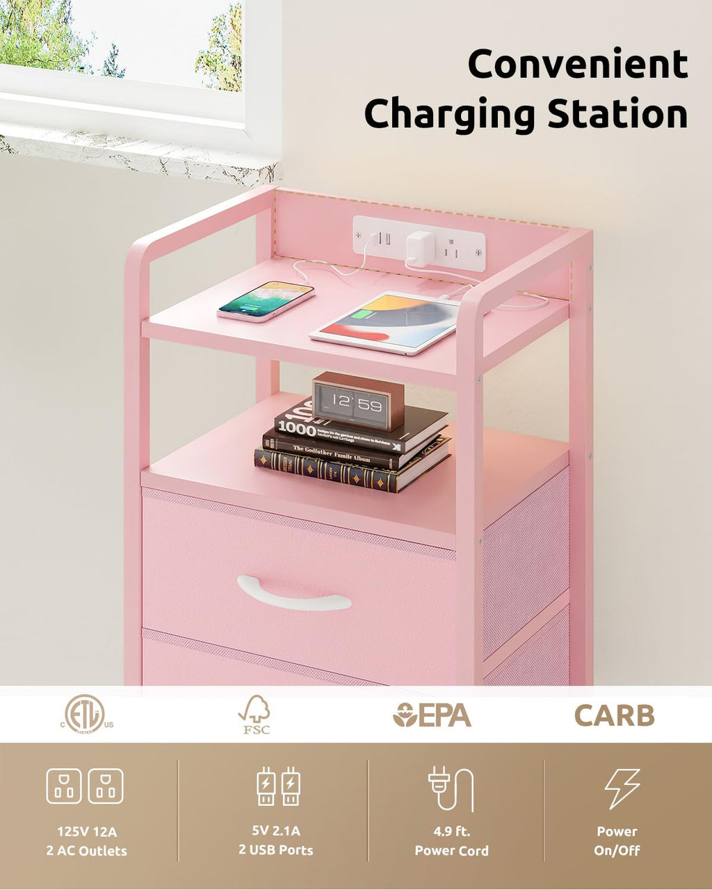 Lazzanto Night Stand Bedside Charger Bedroom - Nightstand with Charging Station & LED Light Strip, Night Stand with Storage Shelf & 2 Fabric Drawers, Morden End Table with U-S-B Ports & AC Outlets