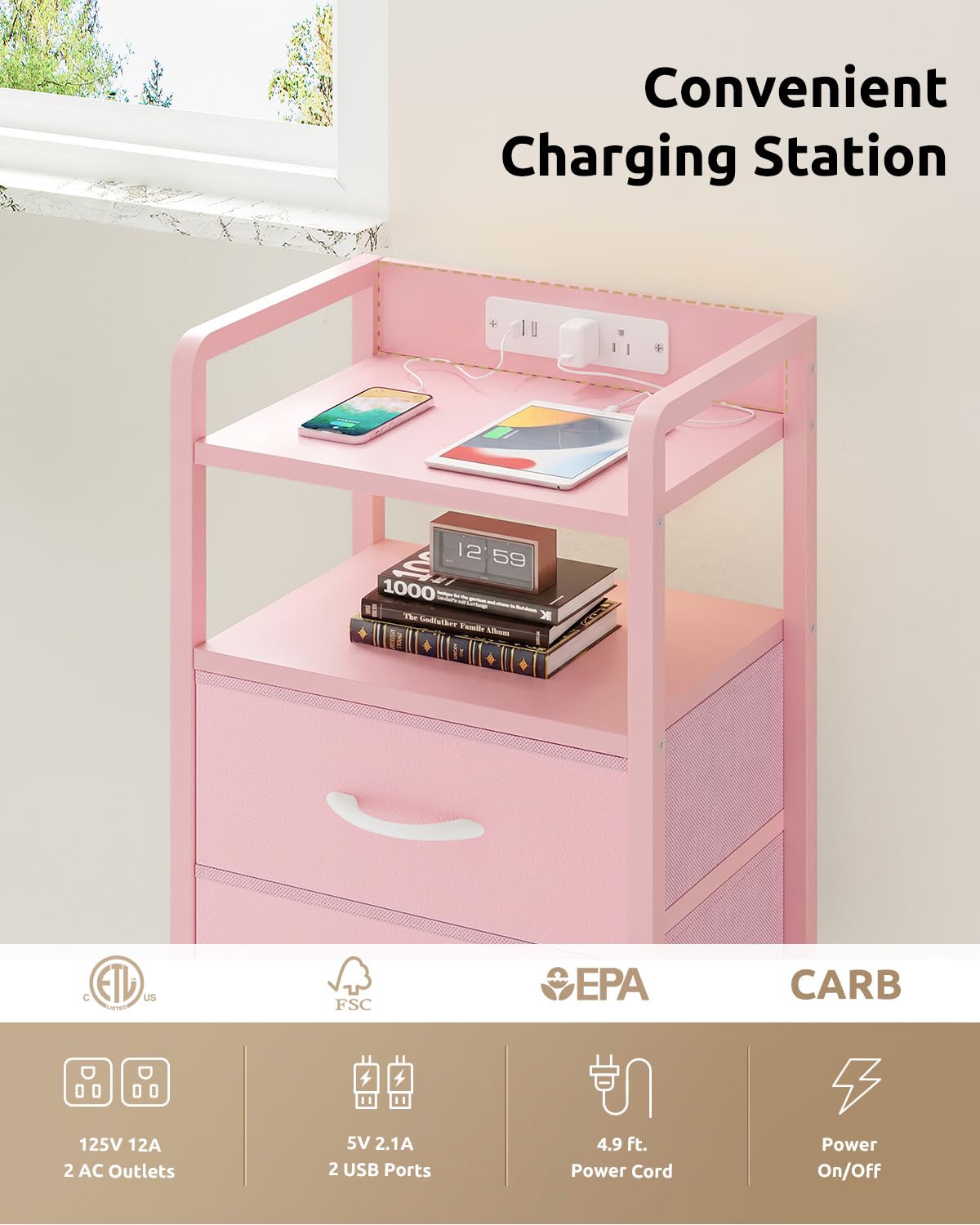 Lazzanto Night Stand Bedside Charger Bedroom - Nightstand with Charging Station & LED Light Strip, Night Stand with Storage Shelf & 2 Fabric Drawers, Morden End Table with U-S-B Ports & AC Outlets