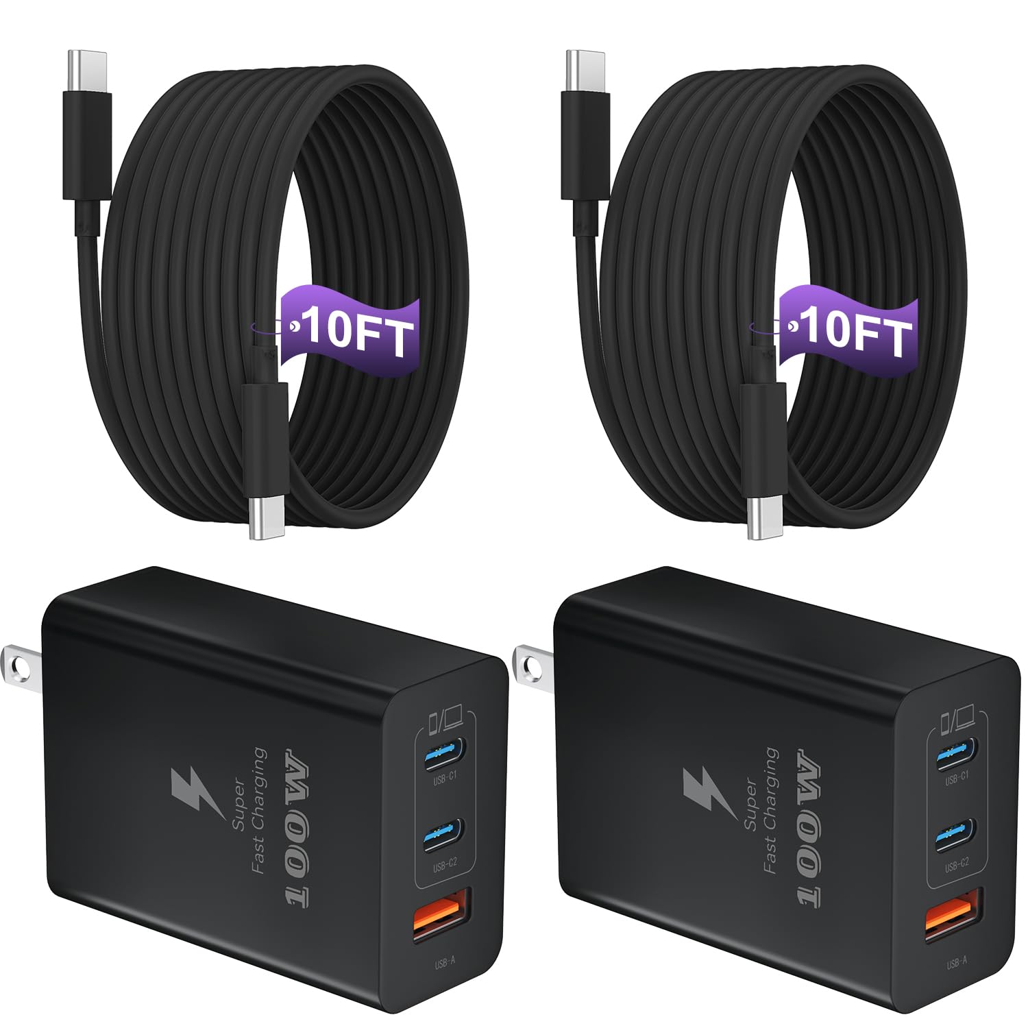 USB C Super Fast Phone Charger 100W, 65W GaN Type C Charger Fast Charging Block with 10ft USB C Charging Cable for Samsung Galaxy S26 Ultra/S26/S26+,MacBook Pro/Air,iPhone/iPad Pro[2 Pack]-Black