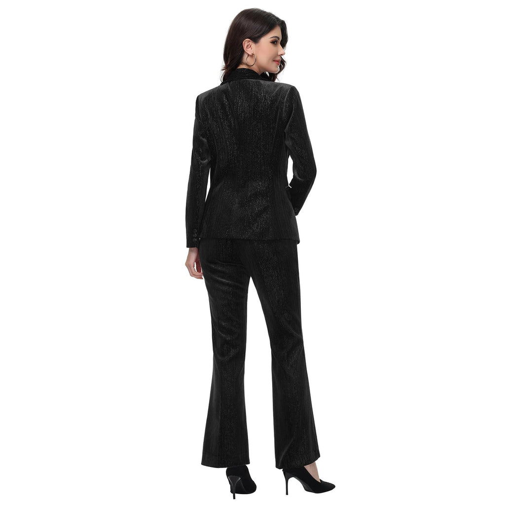 Lamgool Women Pantsuit Dressy Silver Thread Velvet 2 Piece Suit Set Blazer and Flared Pants