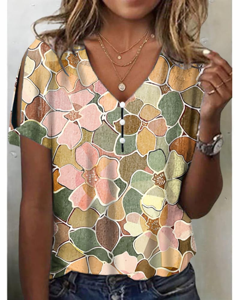 HOTYD Women's Boho Floral Print Ladies Short Sleeve Tops Summer Blouses Dressy Casual V Neck Cold Shoulder Tunic Tops