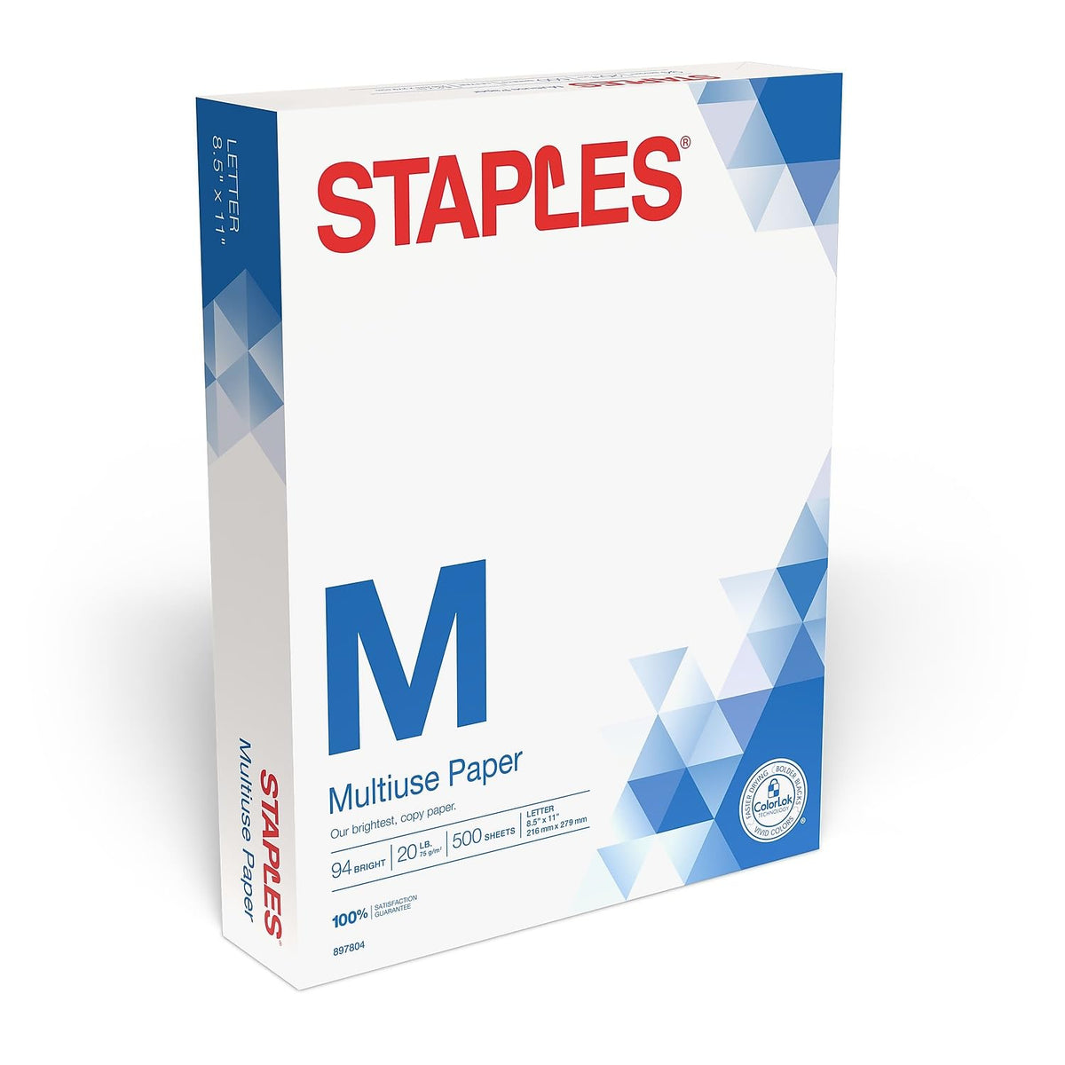 Staples Multiuse Copy Paper, 20 Lb, 94 Bright, 8 1/2" x 11", White, 3-Ream Case, For Office, School & Home