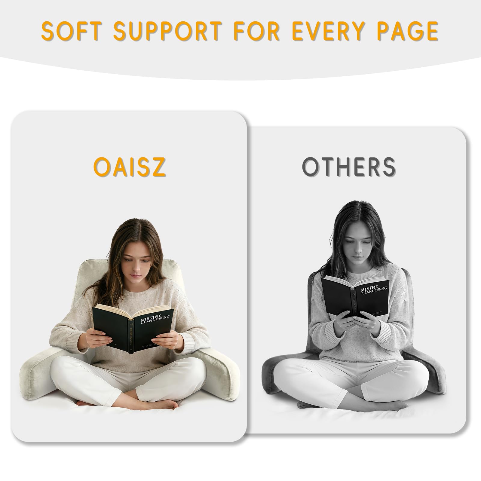 OAISZ Reading Pillow for Sitting in Bed Adult, Reading Pillow with Shredded Memory Foam, Bed Pillow with Washable Cover, Back Pillow Sitting Up with Extend Arms, Beige, X-Large