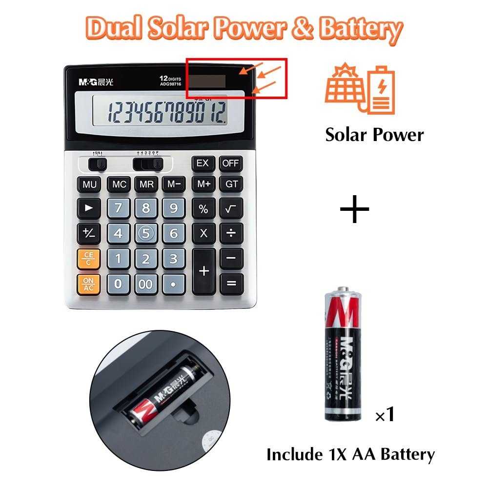 M&G Desk Calculator 12 Digit Extra Large LCD Display, Dual Solar Power and Battery, Accounting Calculator with Big Button, Battery Include, Perfect for Office Business Home Daily Use