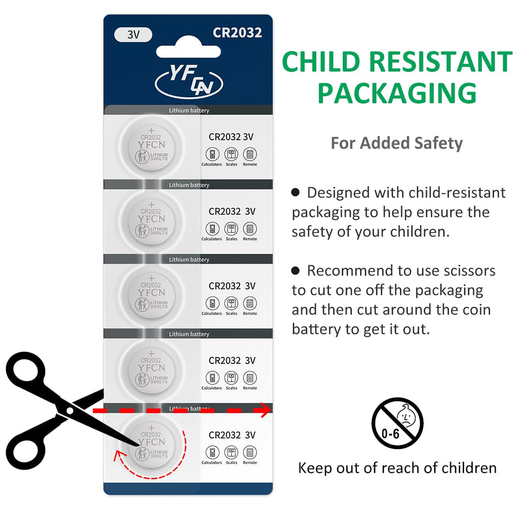 YFCN CR2032 Battery 3V Lithium Batteries 5 Count Pack CR2032 Batteries - CR 2032 Coin Cell Battery for AirTag, Key Fob, Remotes- 10 Years Shelf Life