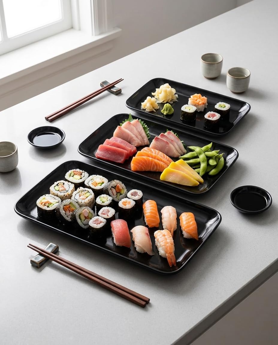 DELLING Large Serving Platter Set of 3, 16/14/12 Inch Porcelain Serving Trays for Party - Black Ceramic Rectangular Platters for Entertaining,Platter for Thanksgiving Christmas, Dishwasher Oven Safe