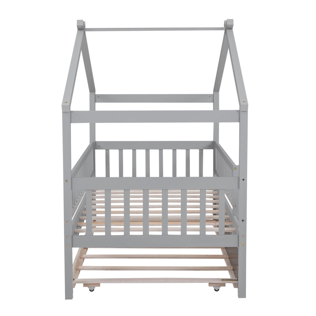 Merax Twin Size Wooden House Bed with Two Drawers, Wood Bed Frame with Roof for Kids, Teens, Boys or Girls, Grey
